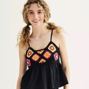 Dizzy‎ Lizzy Crochet Floral Tank Top Sleeveless Blouse Black Boho Festival